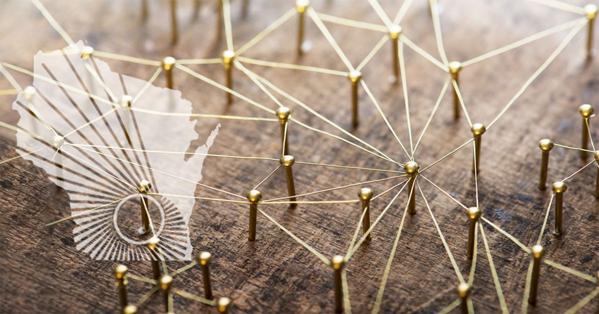 WARF logo on closeup of many small pins in wood connected by string