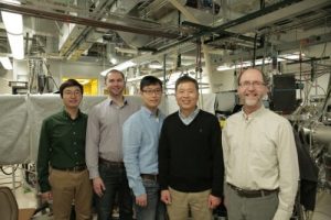 Five people standing in front of a large machine indoors