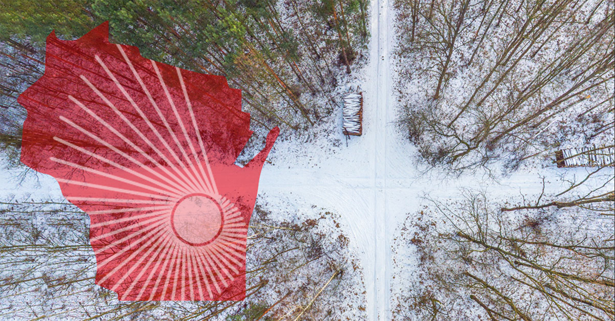 WARF logo over an aerial shot of a snowy crossroad in a forest