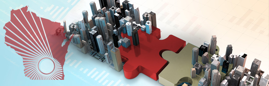A graphic of two jigsaw style puzzle pieces fitting together, each with 3-dimentional cities on top of them, the background is generic graph images
