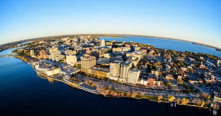 An aerial view of downtown Madison, including the UW-Madison campus.