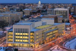 Discovery Building at night.
