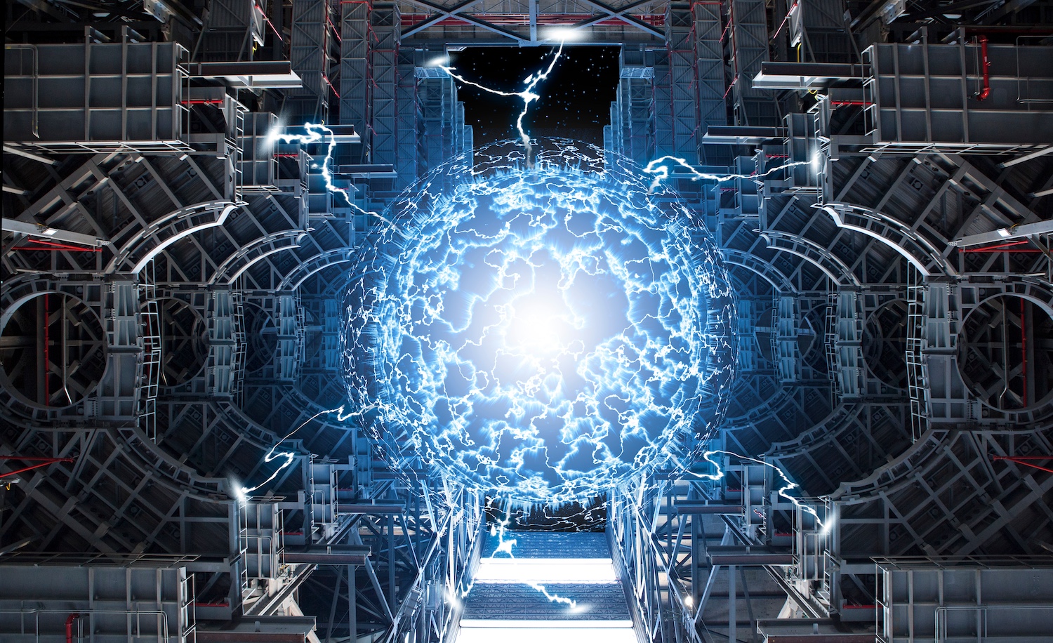 Conceptual high tech power plant thermonuclear or nuclear reactor, including elements of fusion space stations, electricity production, microwave components.Elements of this image furnished by NASA.