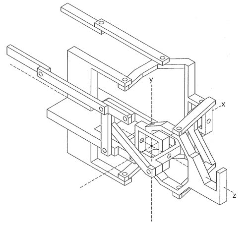 A perspective view of the spherical motion robotic wrist coupled to a base with a pointer capable of two axes of movement, pitch and yaw in the undeflected position.