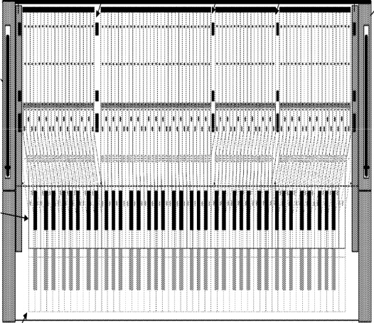 Double keyboard console shown without the lid to display the key and hammer layout.