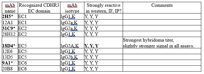 Table of mAbs